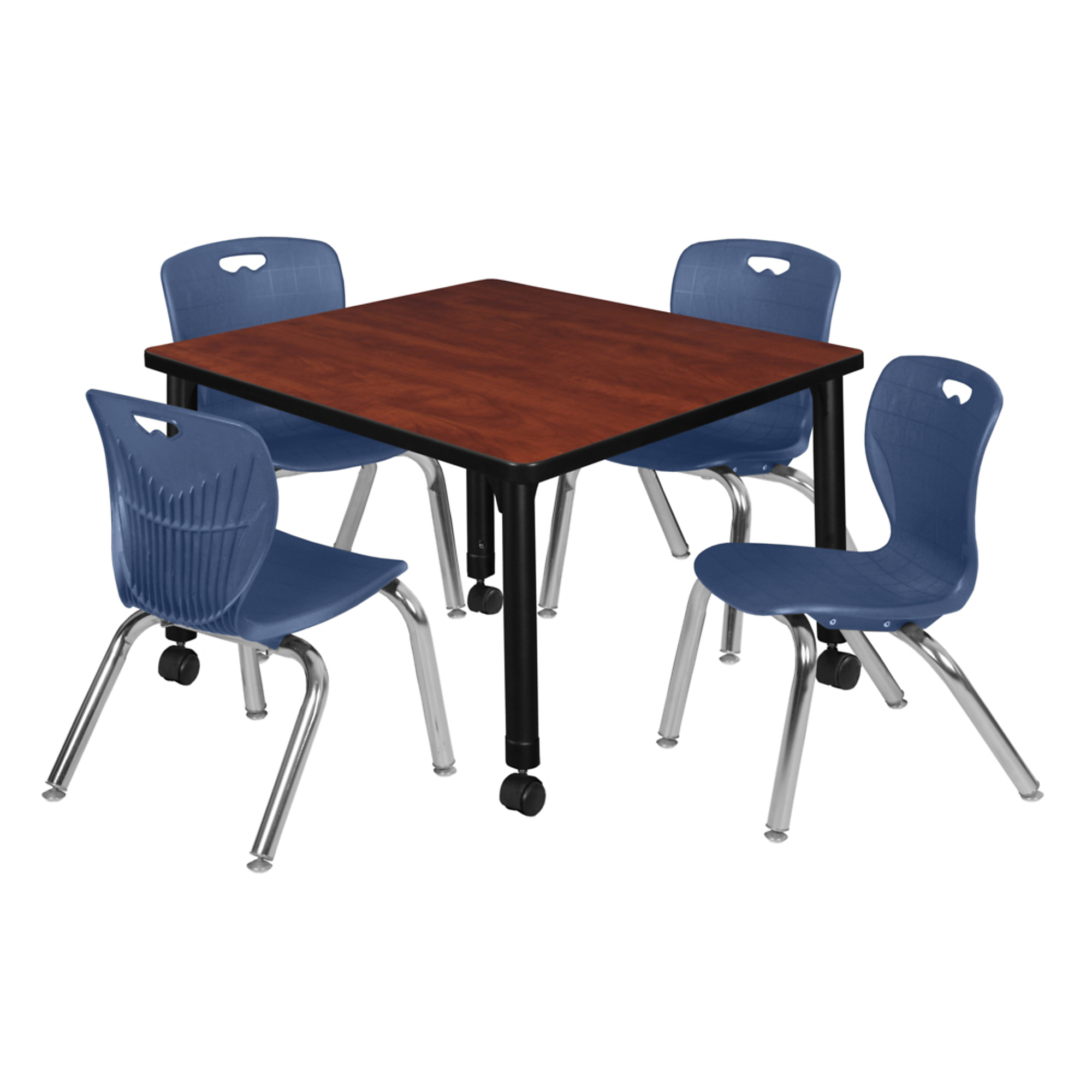 Regency Kee Mobile Adjustable Classroom Table and Andy Stack Chairs Set — 30in. Square, Cherry/Maple, 4 Navy Blue 12in. Chairs, Model# TB3030CHAPCBK45NV